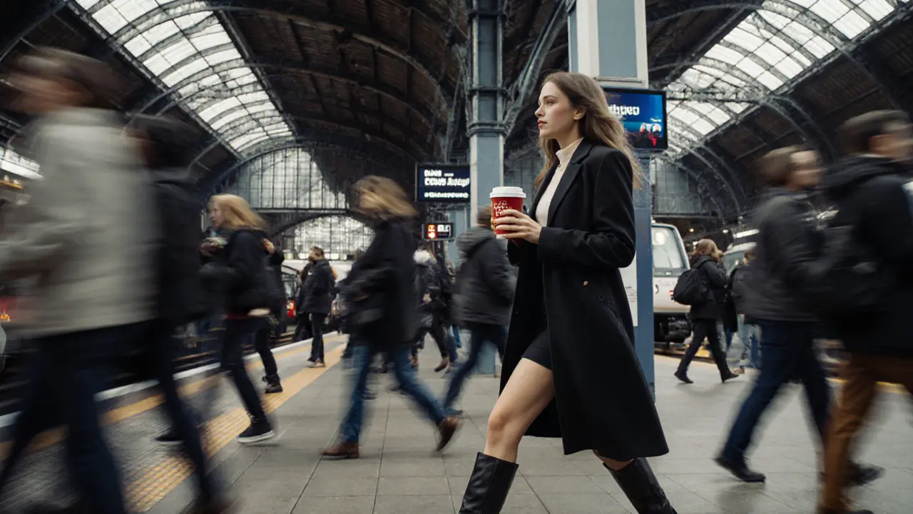 A commuter in a tailored coat walking through Stratford DLR station among a diverse crowd at morning rush hour.