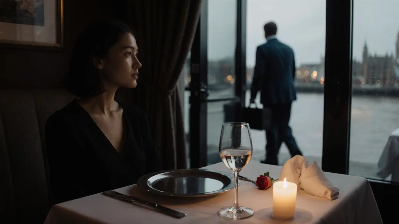 A woman sits alone in a private restaurant booth, candlelight glinting off her glass, as a man departs into the night.