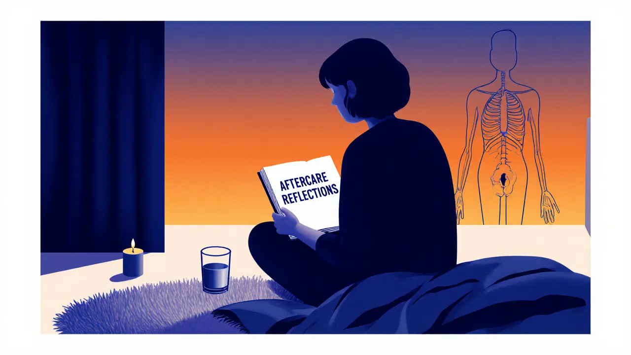 Aftercare scene with journal, candle, and sunrise symbolizing growth.