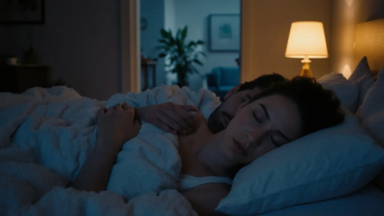 Afterglow cuddle on a duvet, partners breathing in sync with warm lighting.