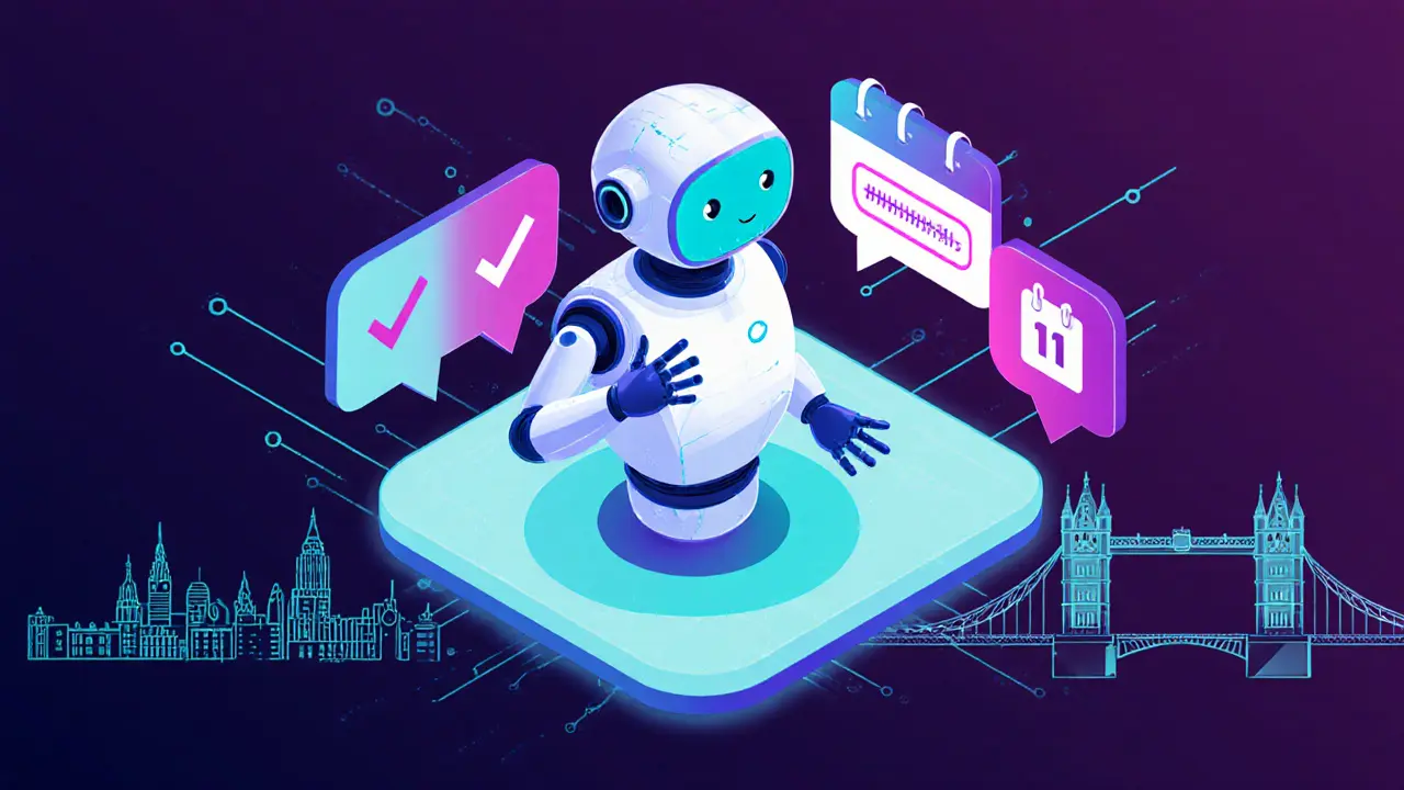 AI chatbot hologram interacting with chat bubbles and a secure payment icon in a futuristic interface.