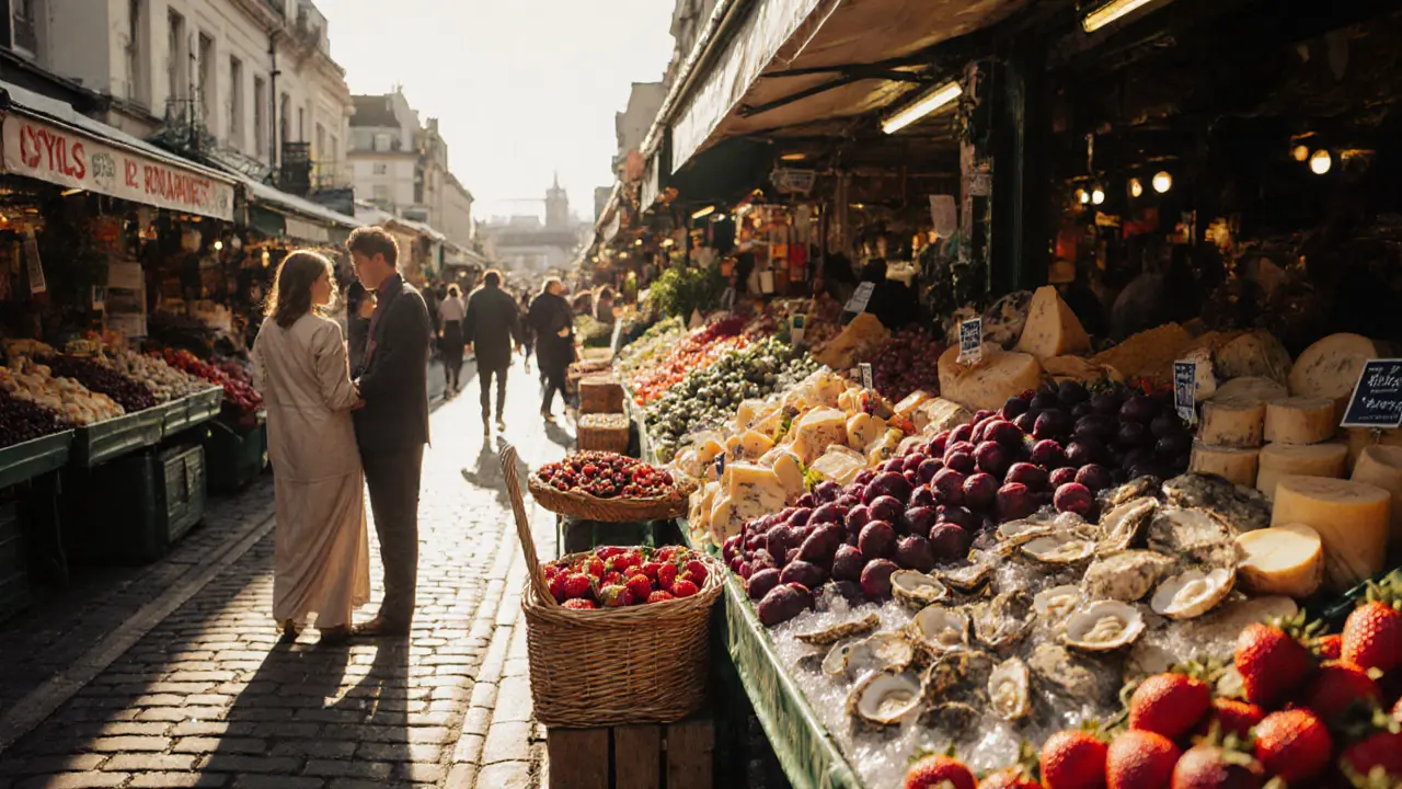 Busy Borough Market stall scene with oysters, cheese, and fresh produce in morning light.