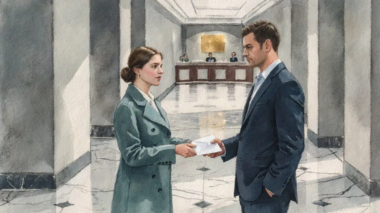 Client and escort exchange a discreet tip envelope in a hotel lobby.