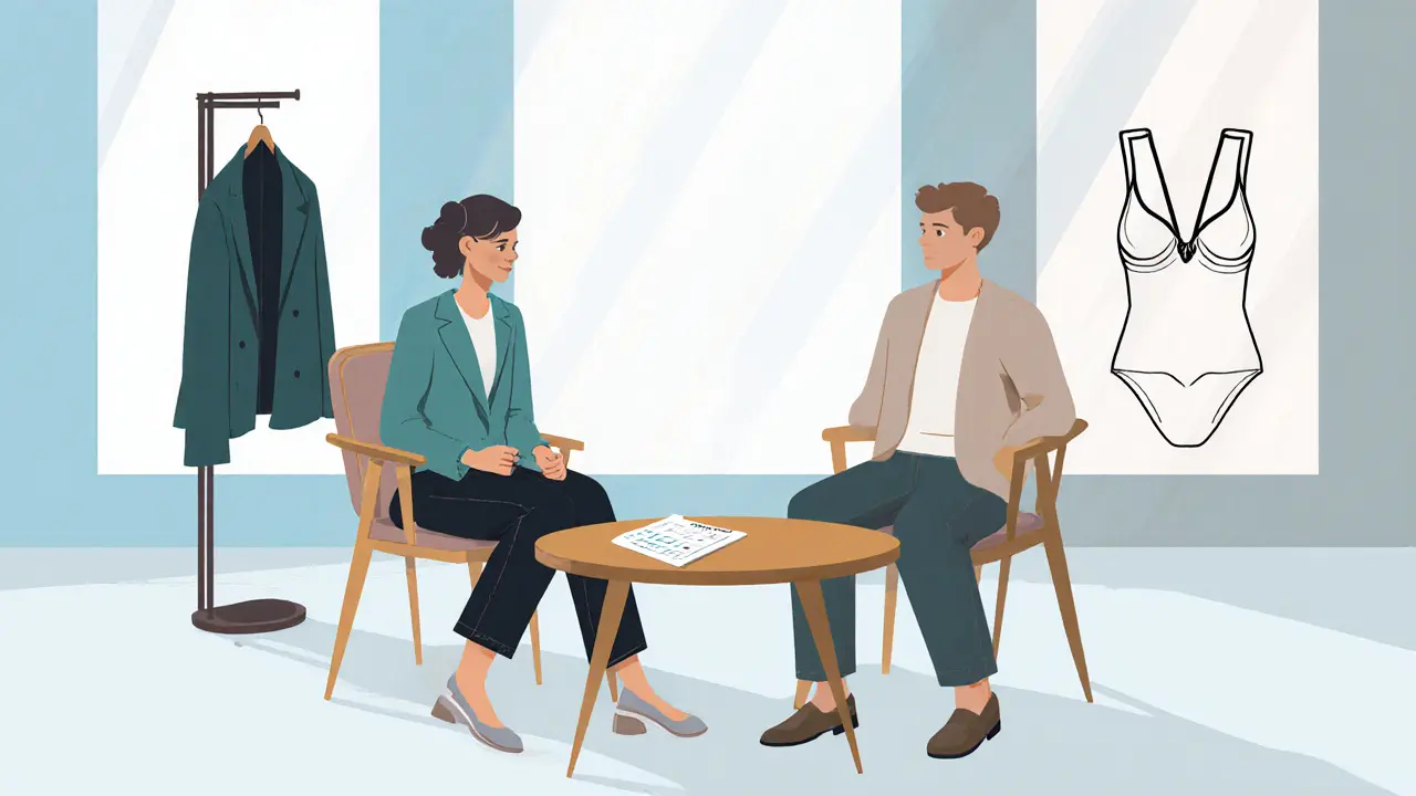 Client and practitioner discussing consent over coffee in a modern loft.