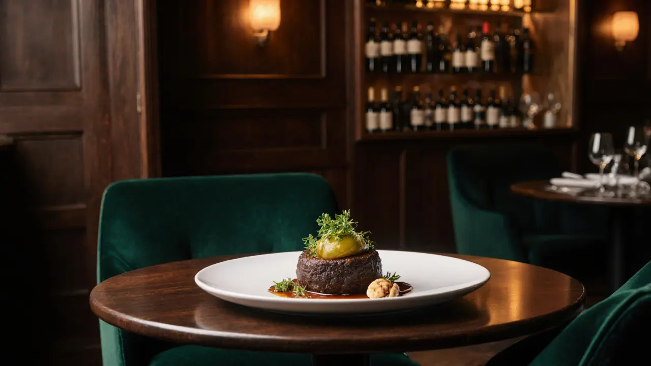 Close‑up of roasted black pudding with pickled walnut on a fine‑dining plate.