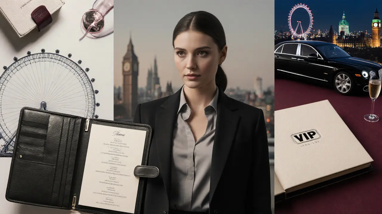 Collage of a polished portrait, service menu, private car, and rooftop bar representing brand and luxury perks.