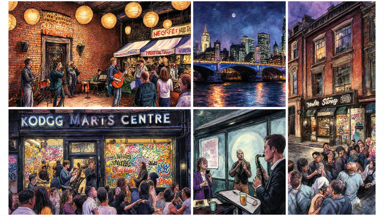 Collage of iconic London night venues showing live music, market stalls, and street art.