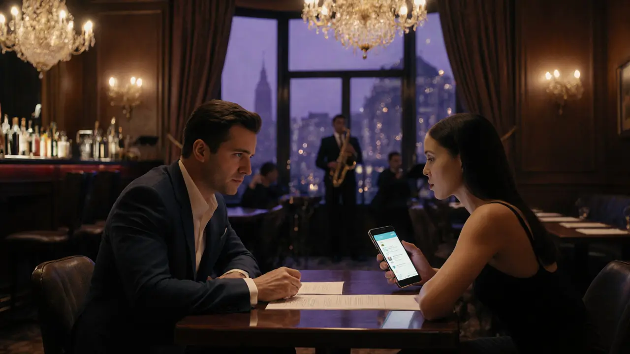 Couple at a fancy Mayfair bar reviewing a menu, with discreet phone messaging hinted.