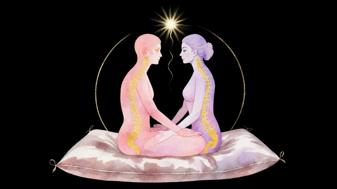 Couple in lotus pose with glowing chakra line along their spines.