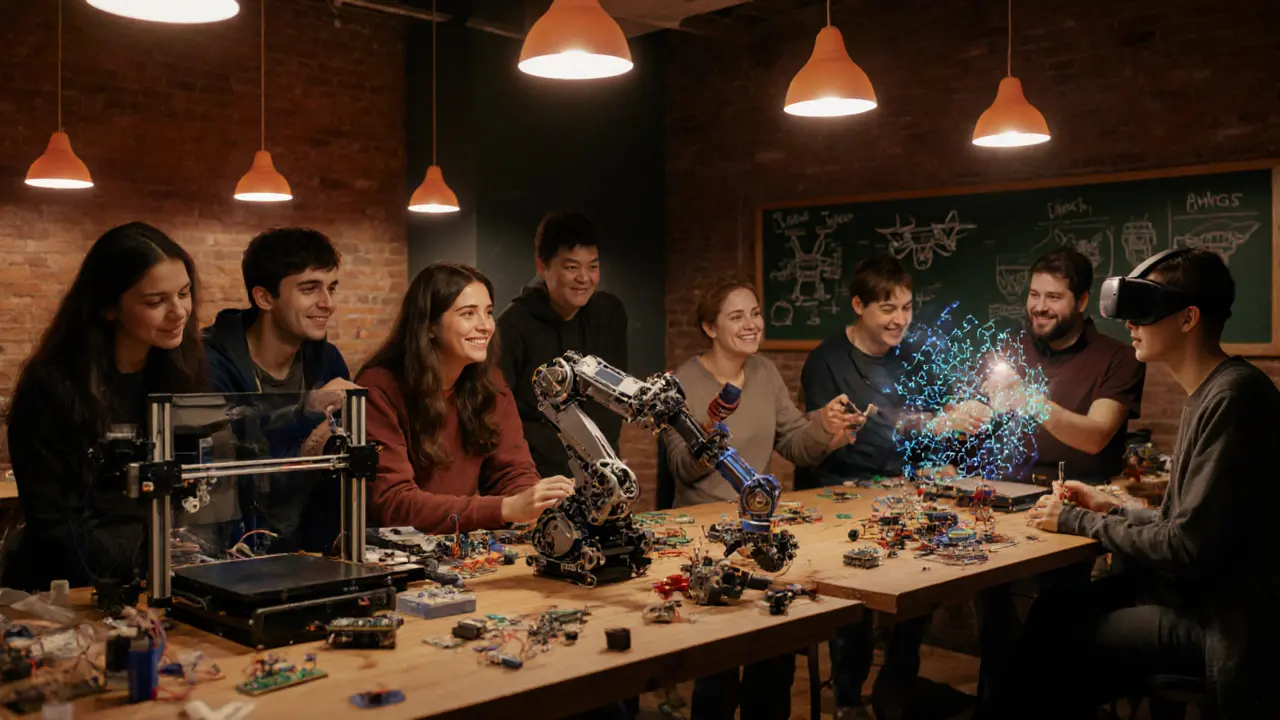 Cozy maker space workshop with people building a robot arm and using VR.