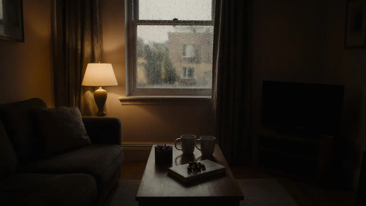 Cozy private flat interior in Maryland, East London, with coffee mugs and chocolates on a table under warm lamplight.