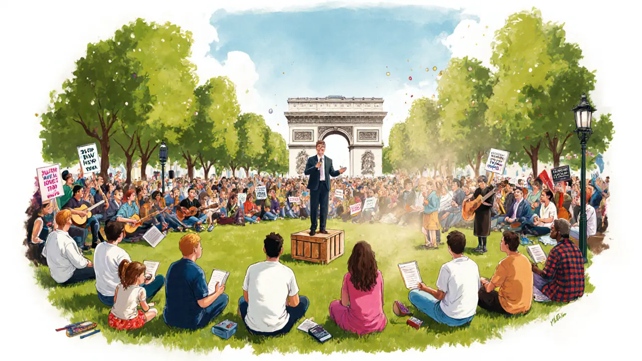 Crowd gathered at Speakers’ Corner listening to a speaker on a crate near Marble Arch.