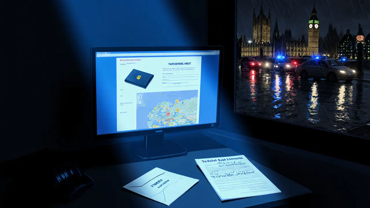 Dim London office with computer screens displaying crypto wallet, HMRC audit notice, and police raid symbols.