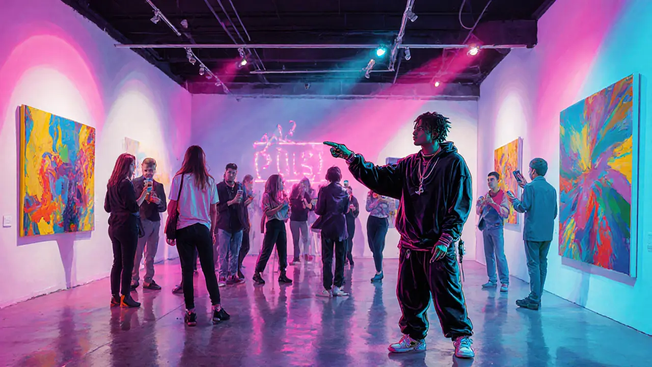 Escort host welcomes a diverse crowd at a modern Shoreditch gallery event.