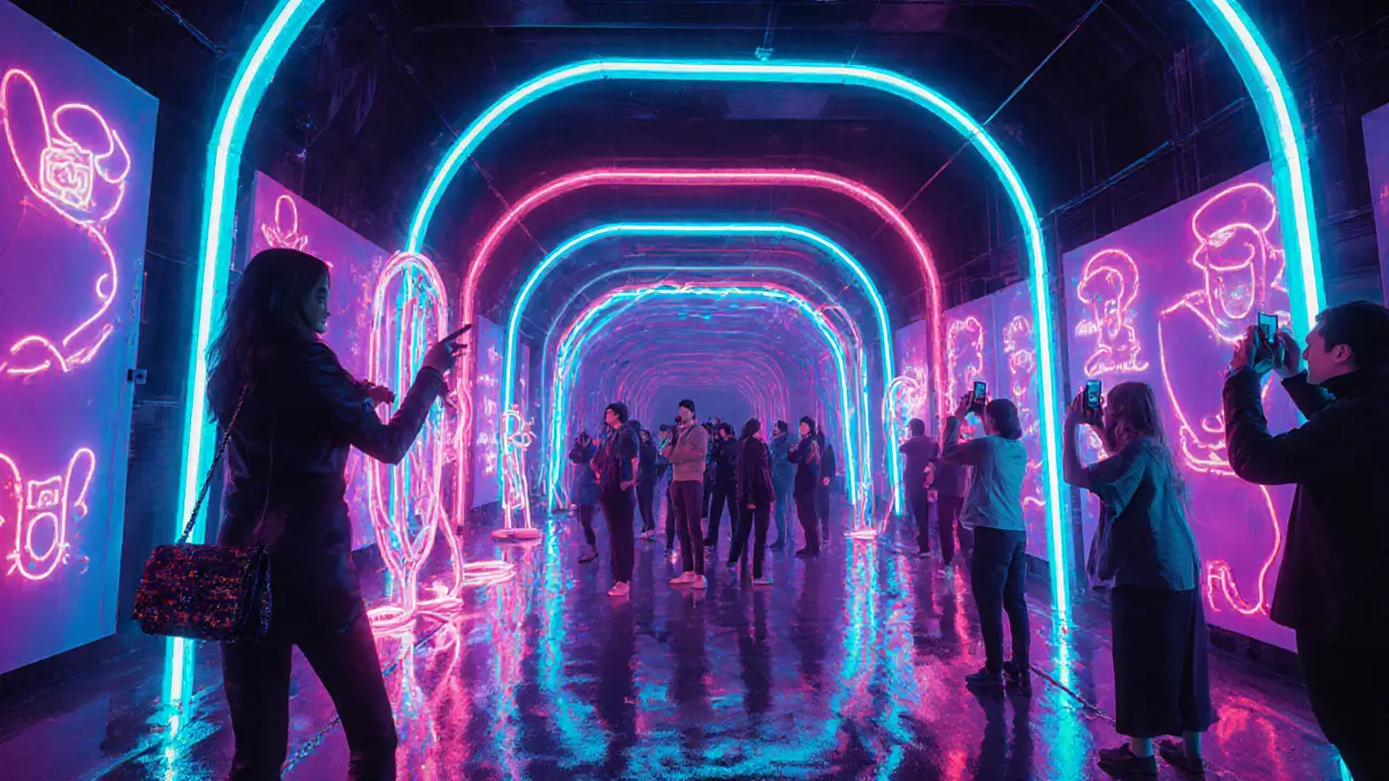 Escort leads influencers through a neon‑lit immersive art installation at night.