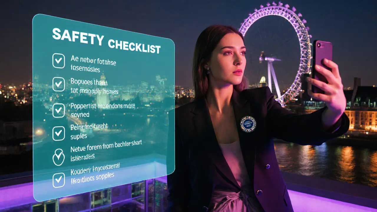 Escort taking a selfie on a London rooftop, Union pin visible, phone in hand.