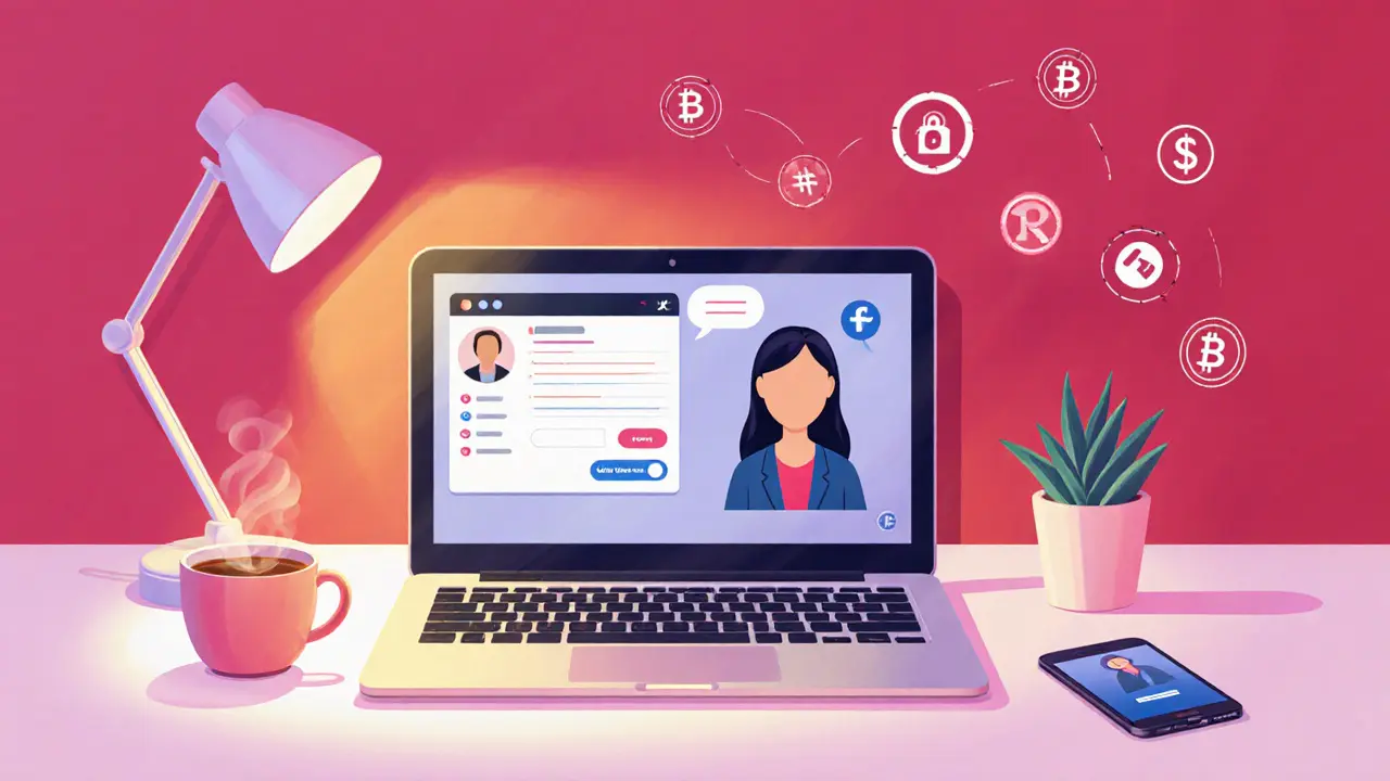 Escort using a laptop for a discreet online booking and video call.