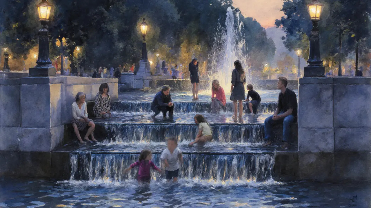 Families walking through the flowing granite fountain at dusk with soft lantern lights reflecting on water.