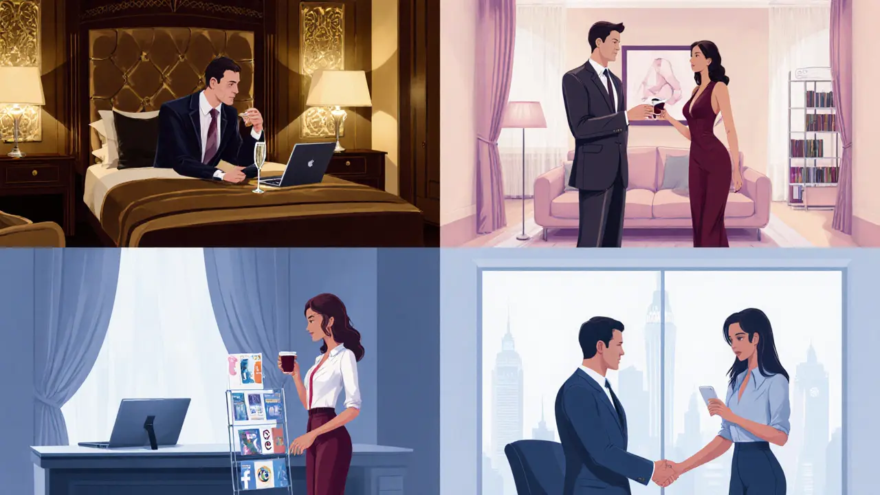 Four scenes illustrating VIP, GFE, freelance, and agency escort service settings.