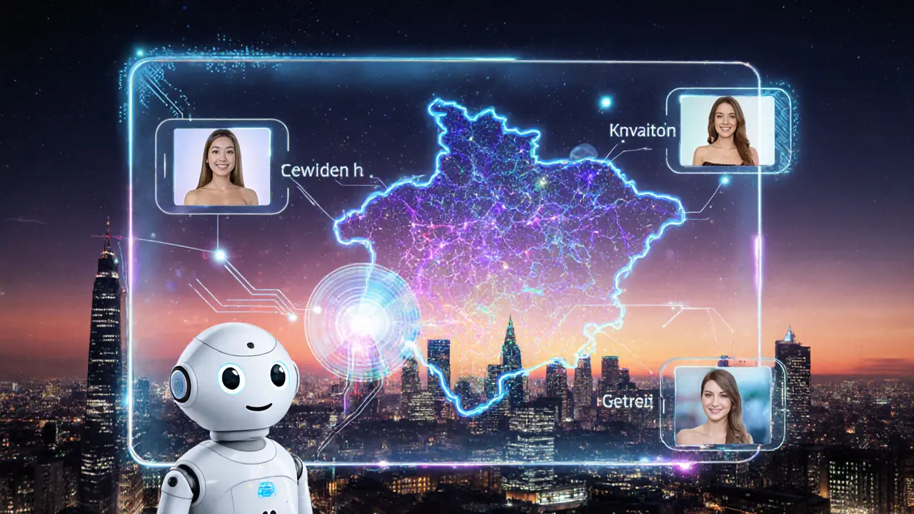 Futuristic holographic map of London boroughs highlighting market trends with AI booking bot and video calls.