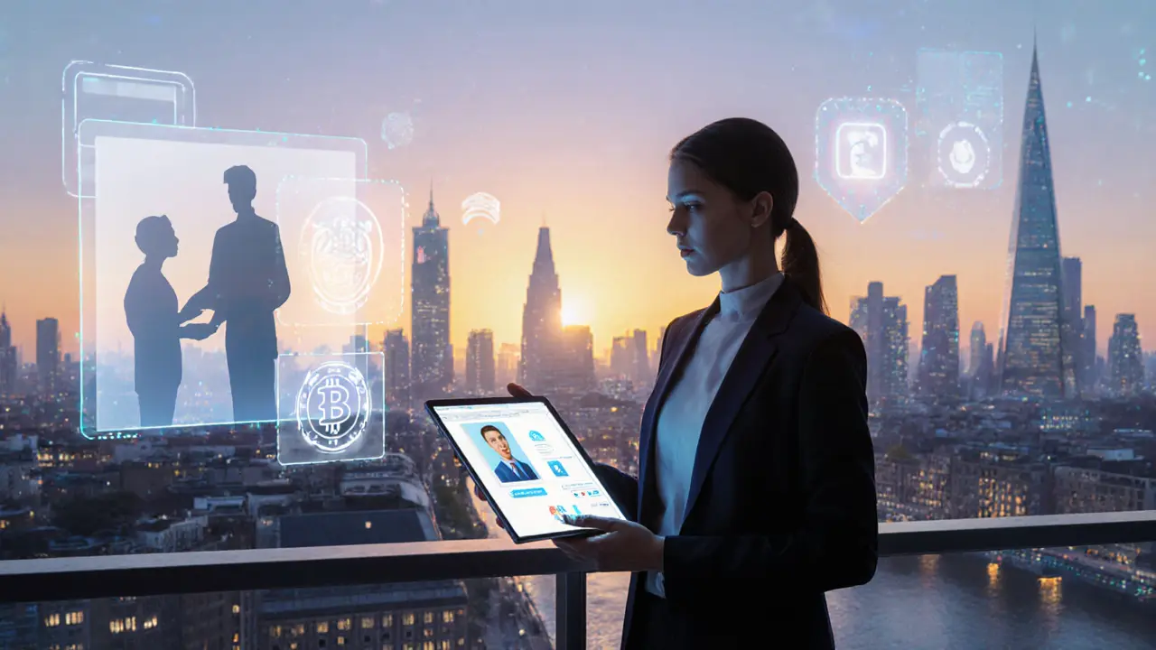 Futuristic scene showing an escort using tech for safe hybrid services.