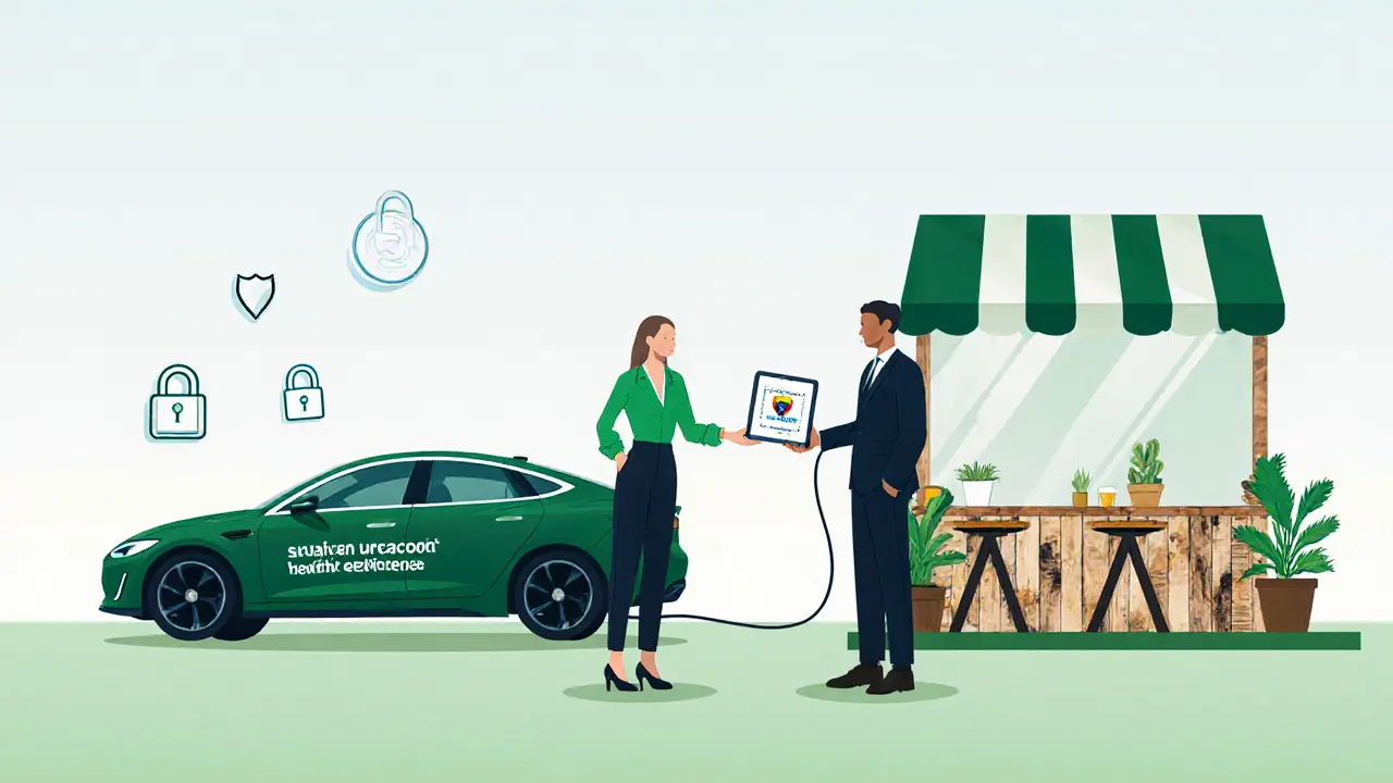 Gender‑neutral escort greets client beside electric car at eco‑café with security symbols.