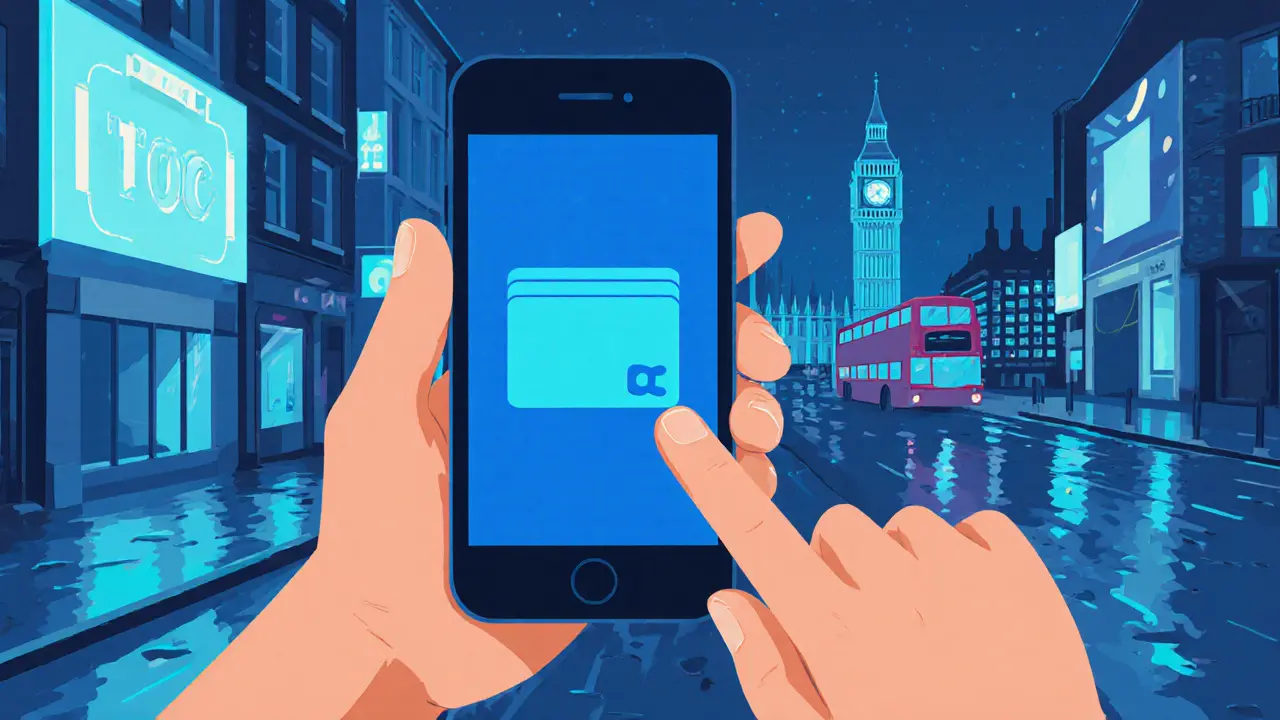 Hand holding smartphone showing a secure payment app against a rainy London night backdrop.