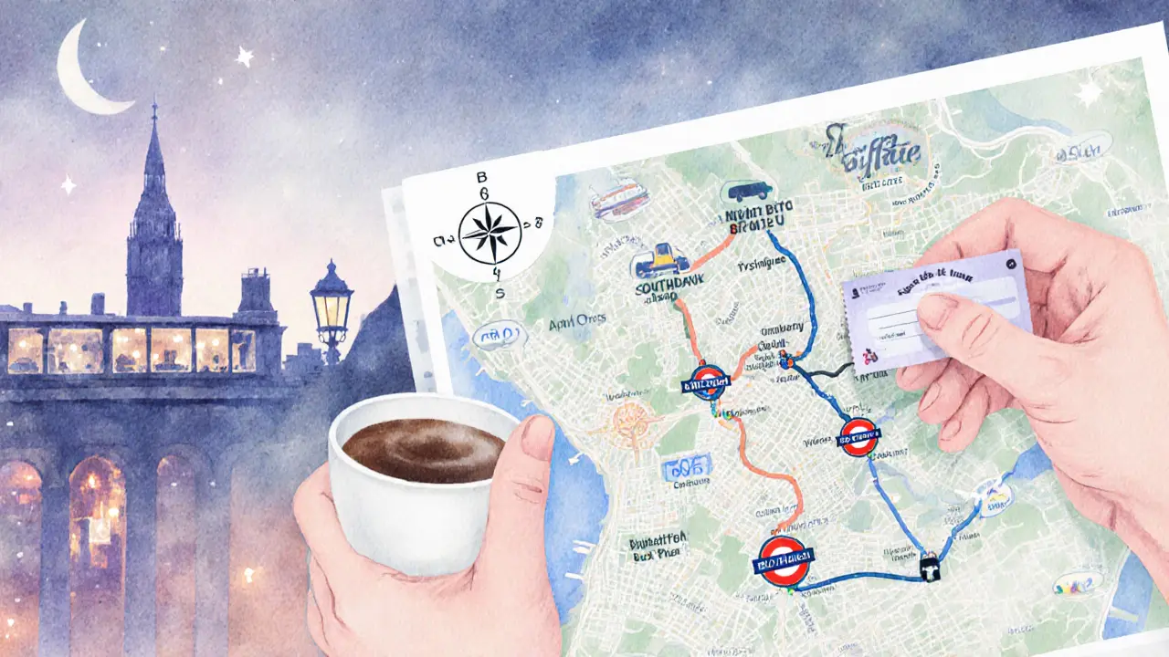 Illustrated night-time itinerary map of London with transport icons and rooftop bar scene.