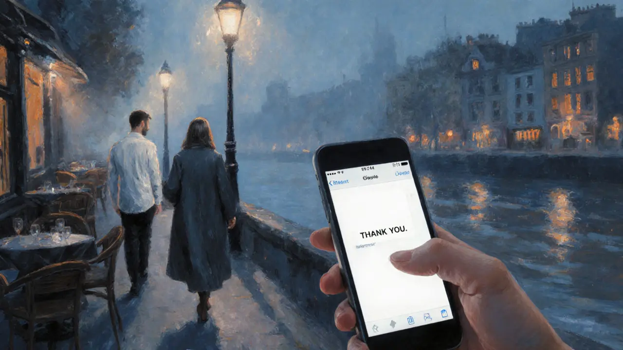 Man walking away from river lounge, sending a thank‑you note, escort disappearing into mist.