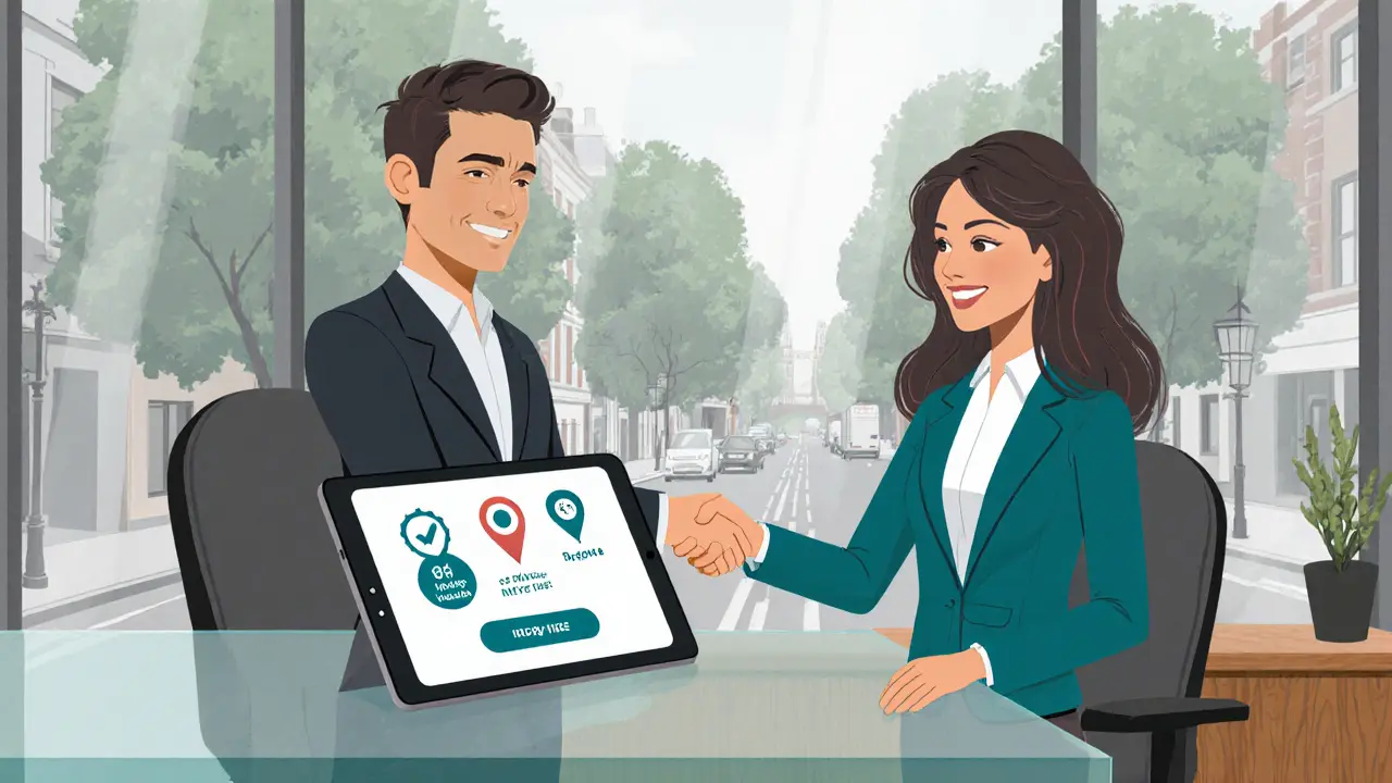 Office scene where a client and escort provider exchange a handshake, with safety app displayed.