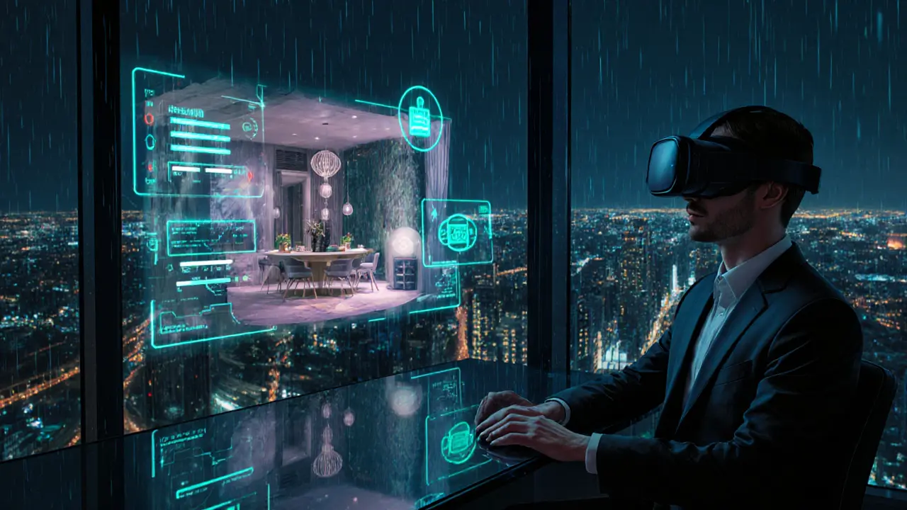 Person in VR headset previews a boutique venue with holographic UI and crypto icon.