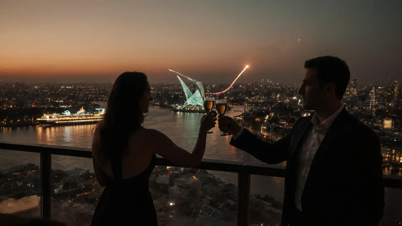 Rooftop bar scene with couple toasting, city skyline and a lit Thames cruise visible.