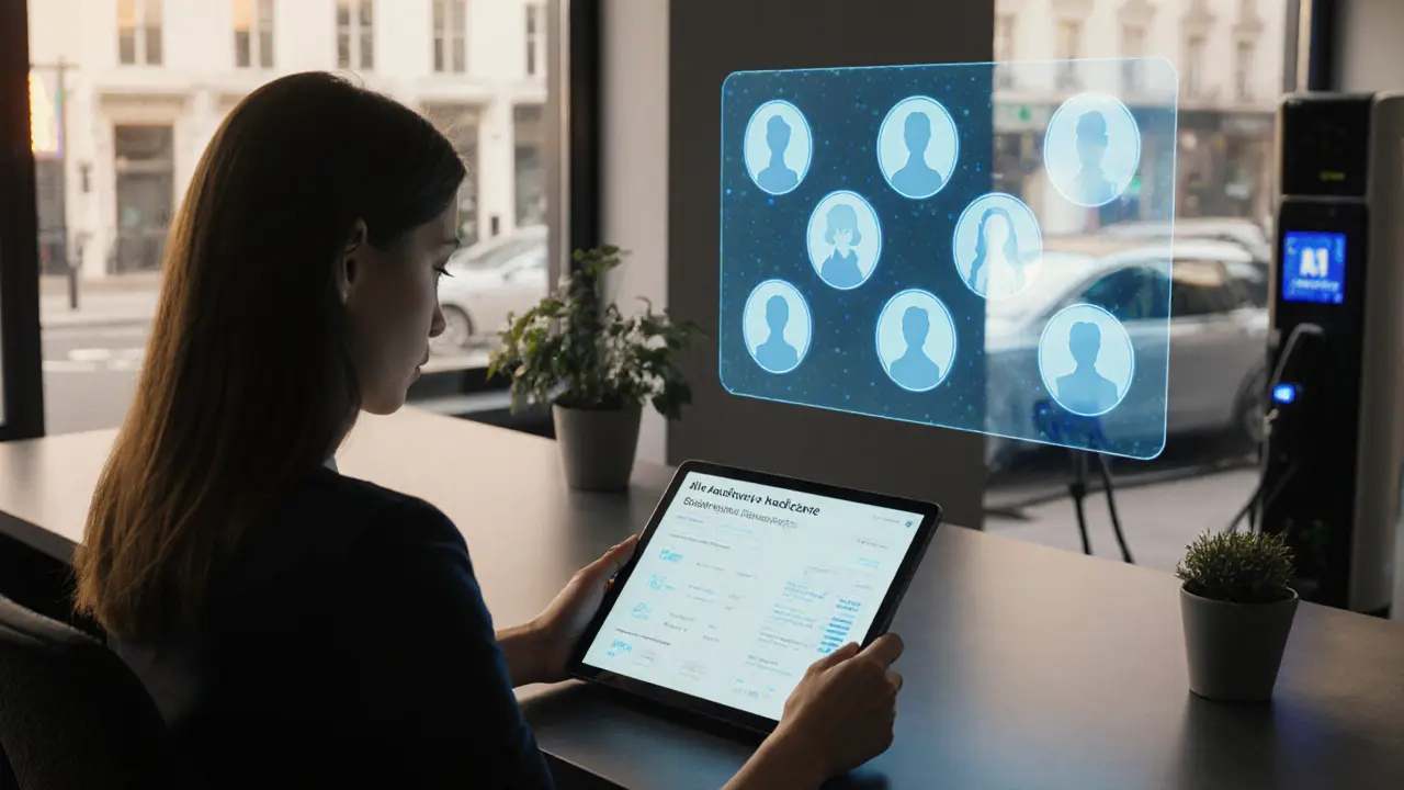 Tech‑focused workspace where an escort checks health info on a tablet beside an AI matching display.