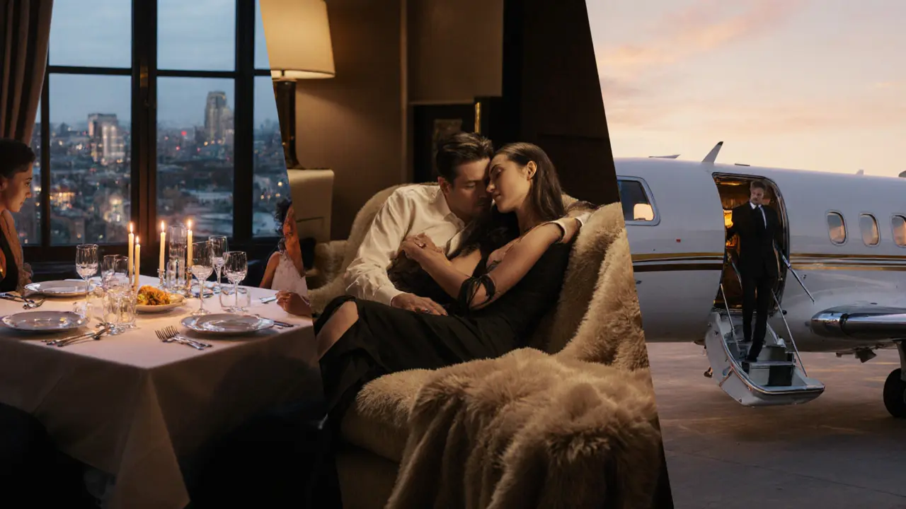 Three side‑by‑side scenes show a dinner companion, an intimate sofa setting, and a VIP boarding a private jet.