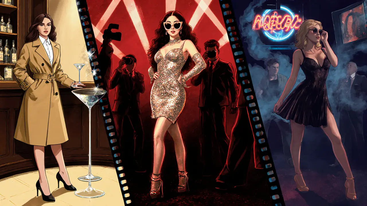 Three women in Bond trench coat, glittery dress, and vintage club attire representing movie-inspired escort fashion.