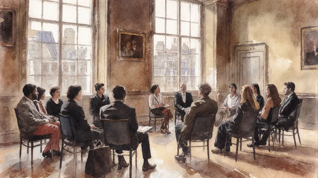Town‑hall gathering of diverse people discussing escort services in a welcoming London venue.