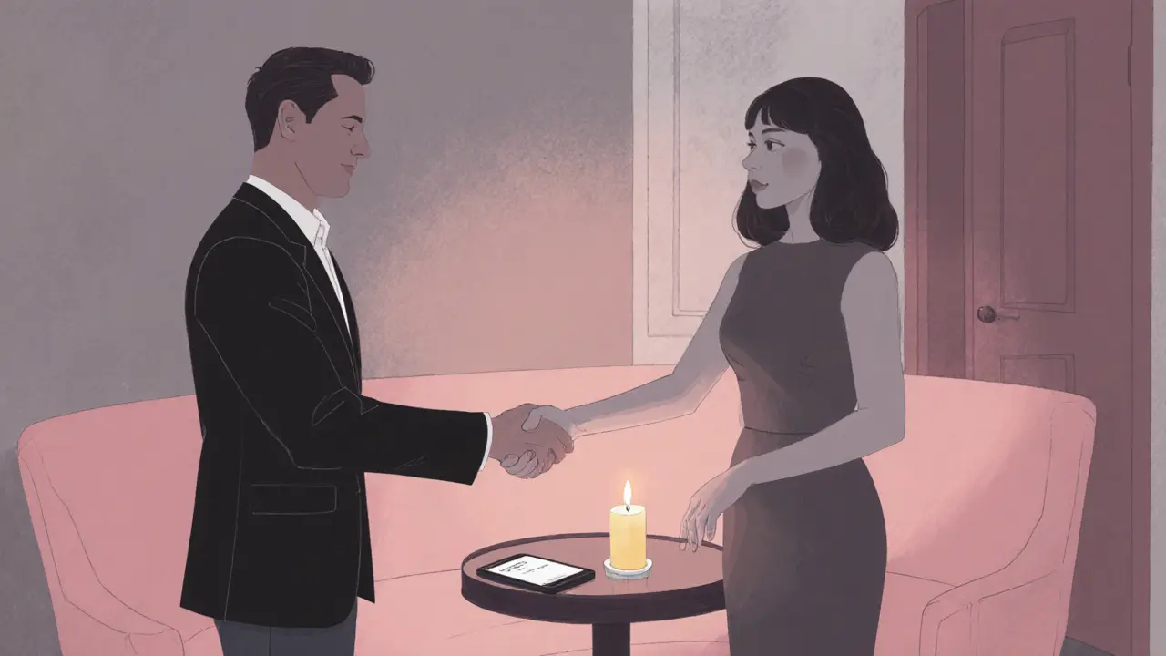 Two people sharing a respectful handshake in a hotel lounge with soft candlelight.