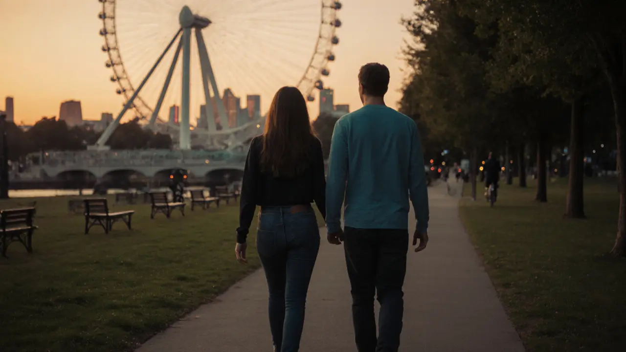 Two people walking quietly together along a park path at sunset near the ArcelorMittal Orbit in Stratford.