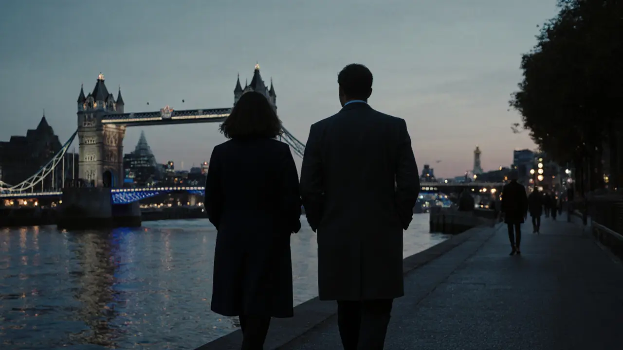 Two professionals walk calmly along the Thames Path at dusk, the Tower Bridge in the distance, engaged in thoughtful silence.