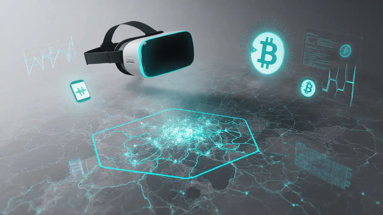 VR headset projecting a city map with geofencing, blockchain symbols, and a wearable health monitor.