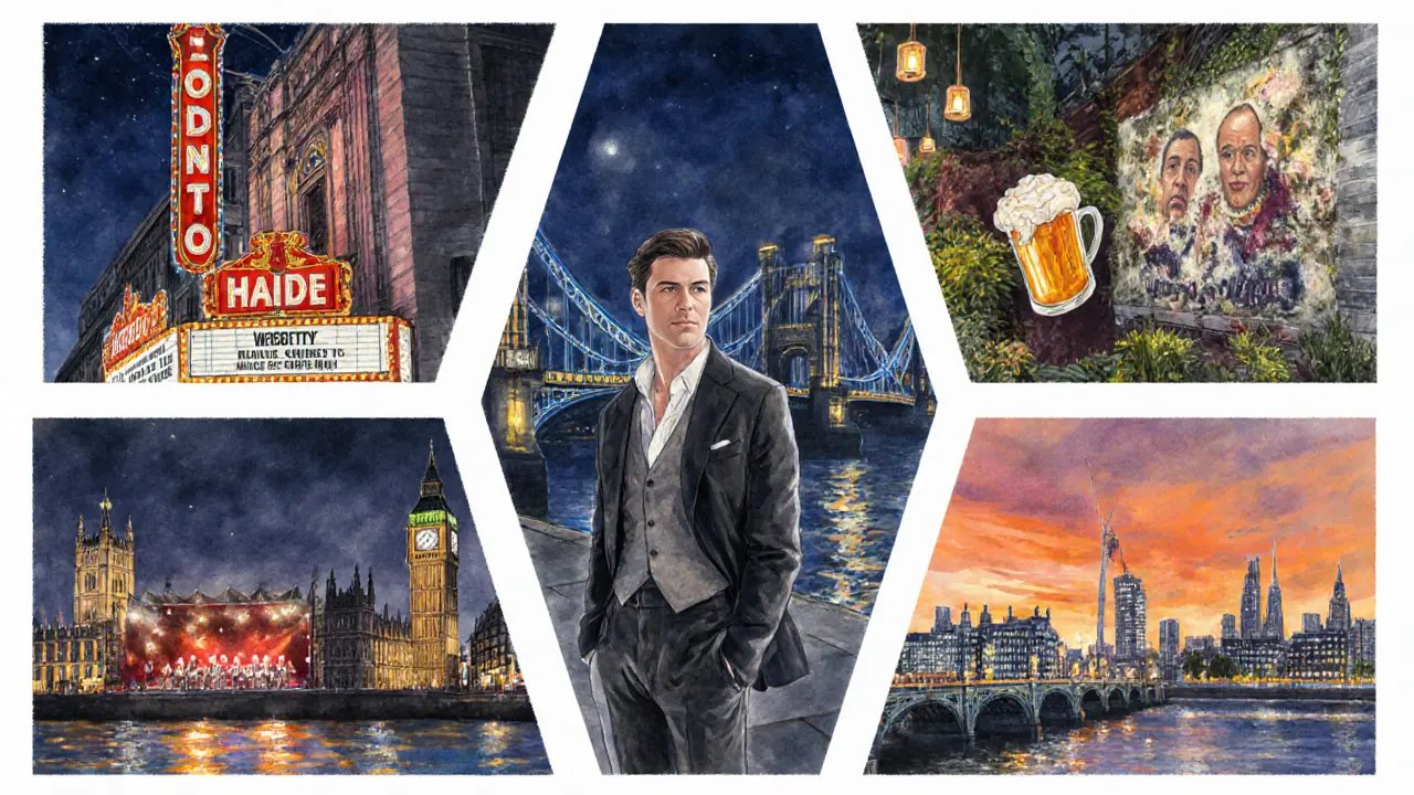Watercolor collage of London districts showing escort amid varied night activities.