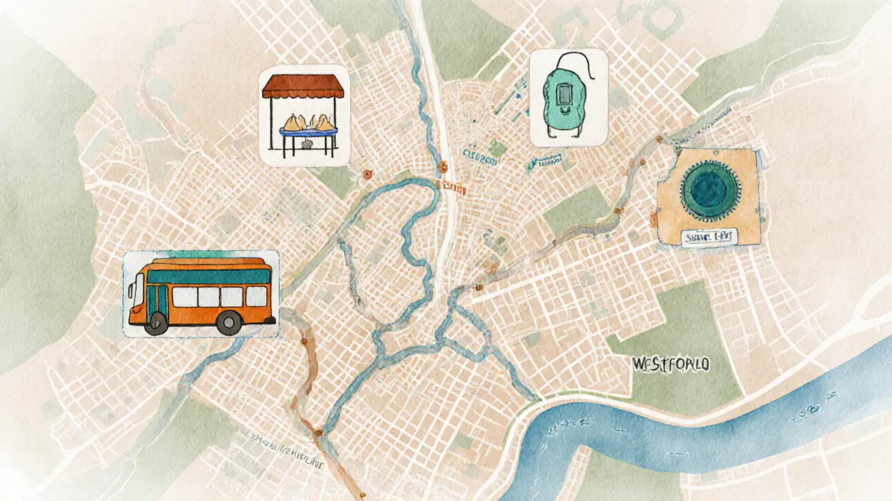 Watercolor map of Stratford highlighting local landmarks like the canal, bus stops, and Westfield with cultural icons.