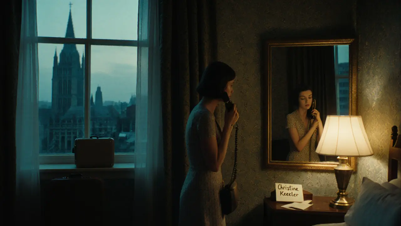 A 1960s call girl answers a phone in a modest hotel room, the era&#039;s tension palpable.