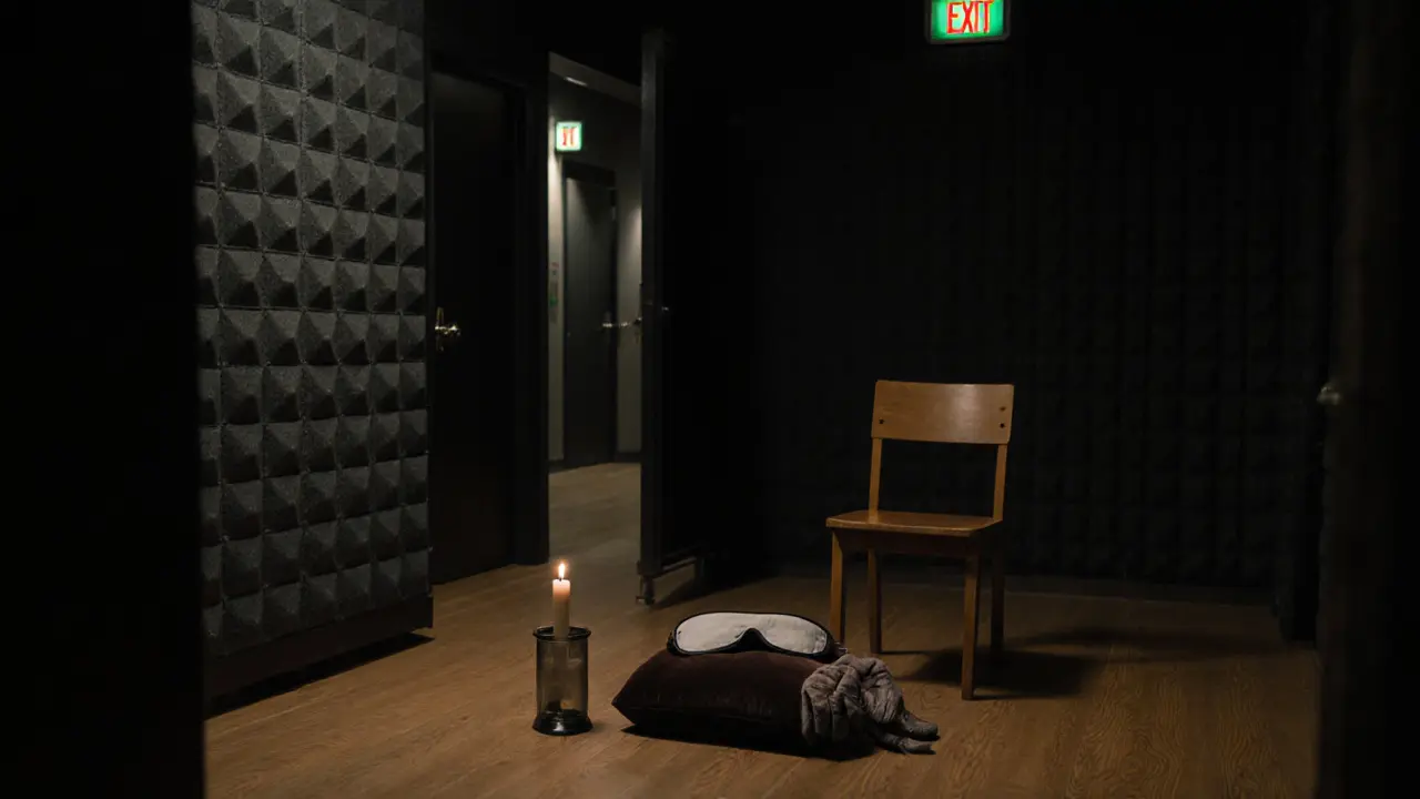 A blindfold and gloves resting on velvet beside a flickering candle in a serene studio corner.
