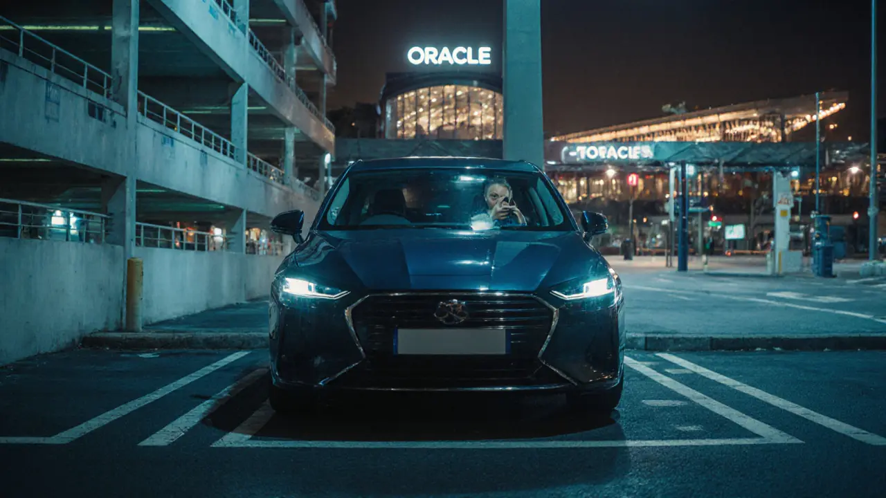 A car parked in a well-lit Bromley car park near the Oracle Shopping Centre at night.