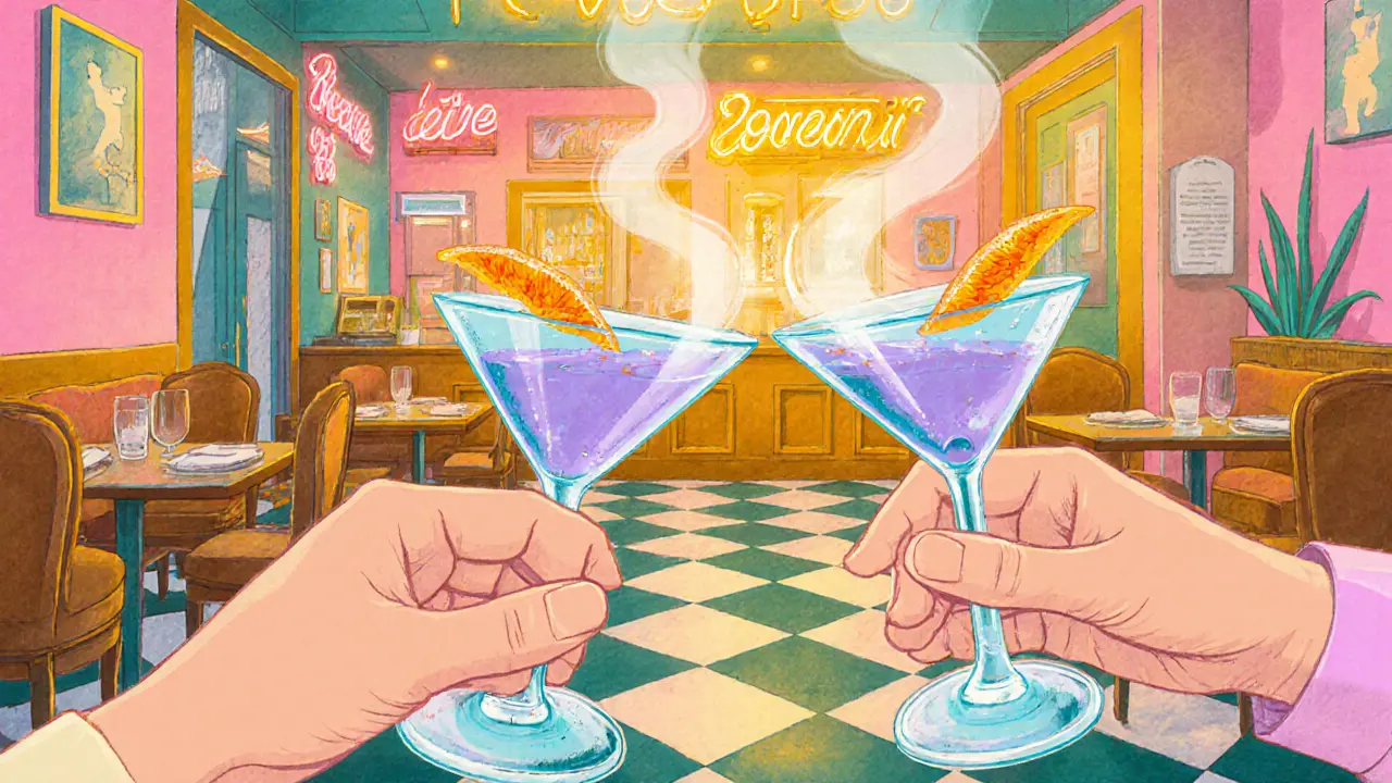 A couple enjoys a lavender-infused Martini in a vibrant 1970s-style Shoreditch bar.