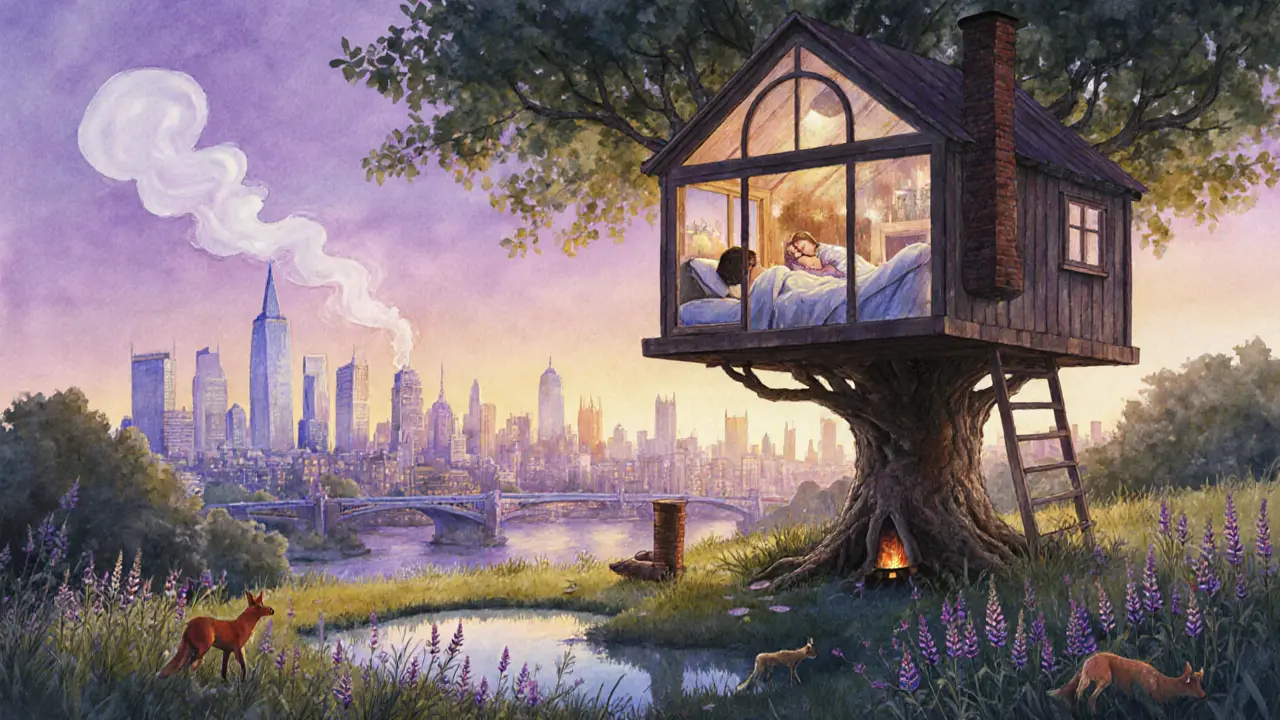 A couple relaxes in a treehouse at sunrise, overlooking London’s skyline through a glass ceiling.
