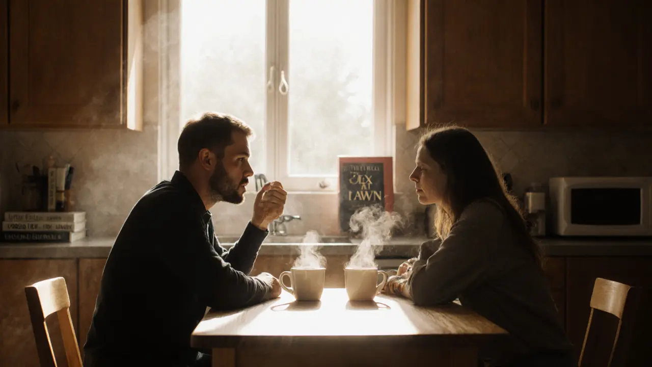 A couple talking over tea on a Sunday morning, books on intimacy visible on the counter.
