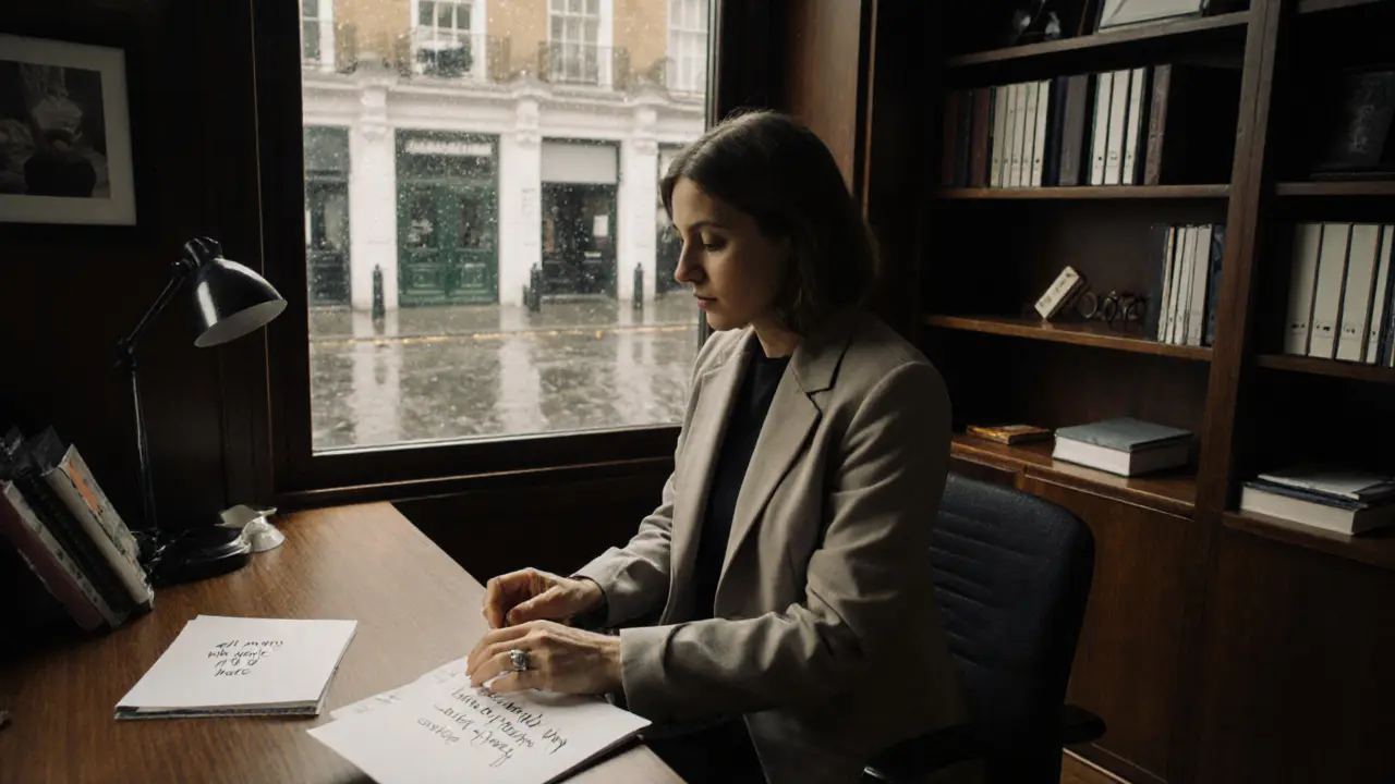 A discreet London agency office with handwritten client notes, emphasizing privacy and emotional connection over visuals.