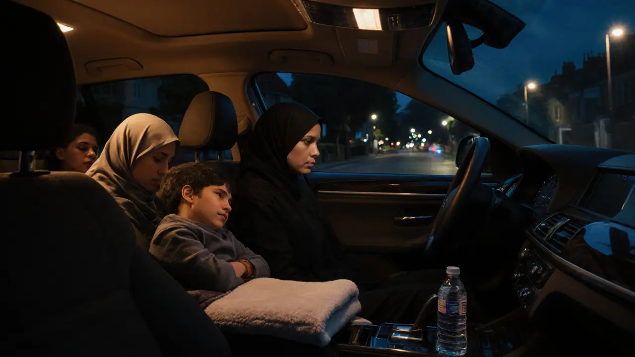 A family rides peacefully at night in a clean car, child sleeping, driver focused and unobtrusive.